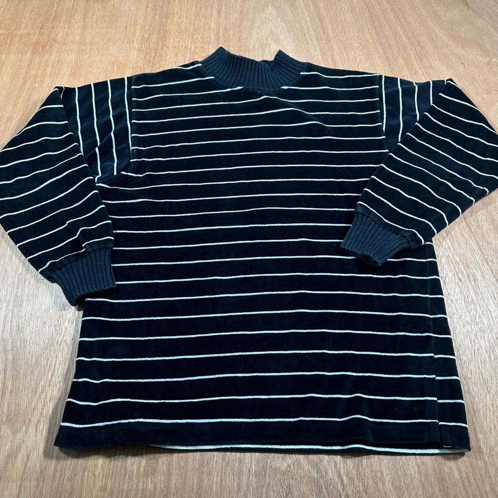 Lizsport Velour Mock Neck Top Women LP Black Striped Vintage Long Sleeve Ribbed
